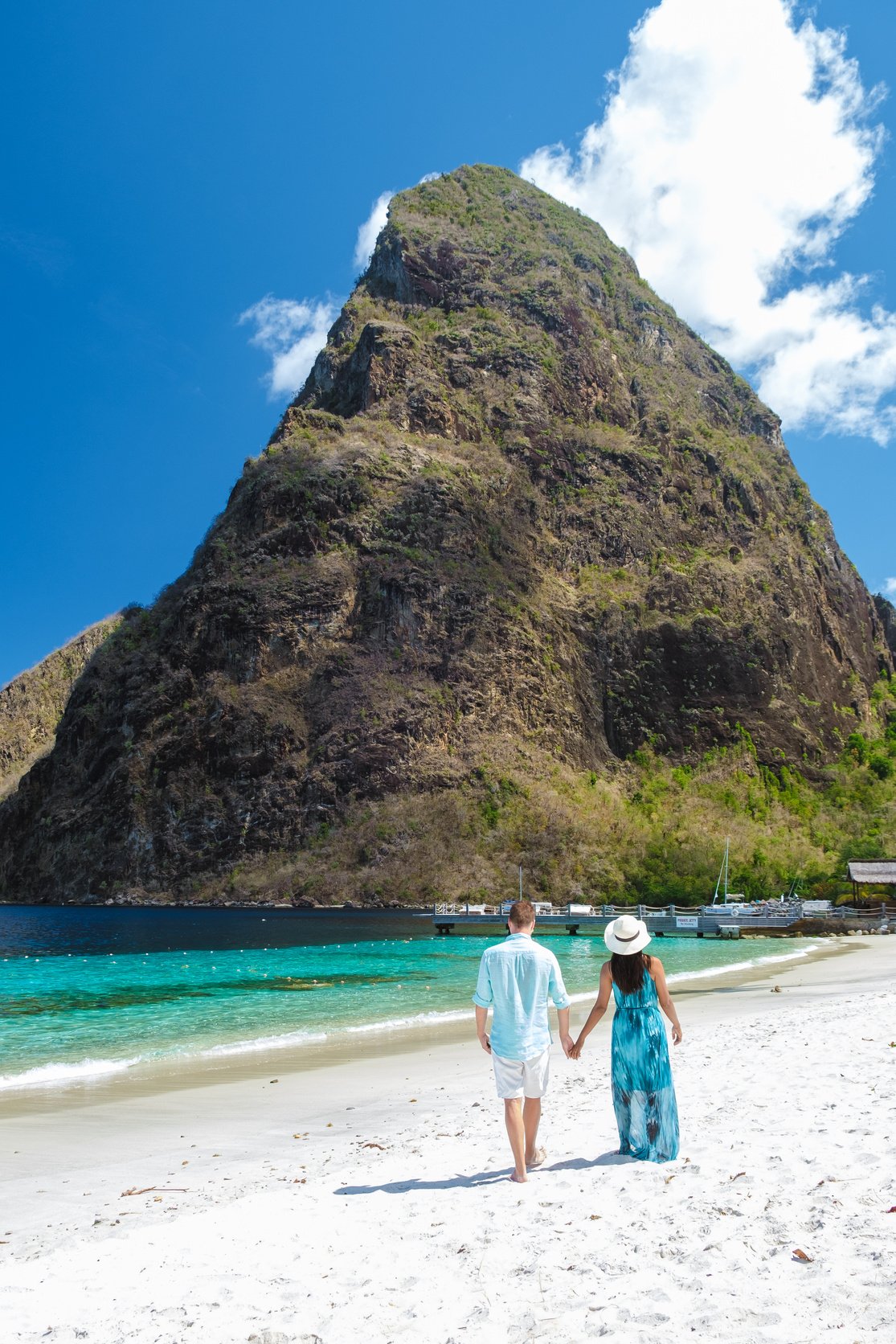 Young couple men and women vacation Saint Lucia, luxury holiday Saint Lucia Caribbean, Sugar beach