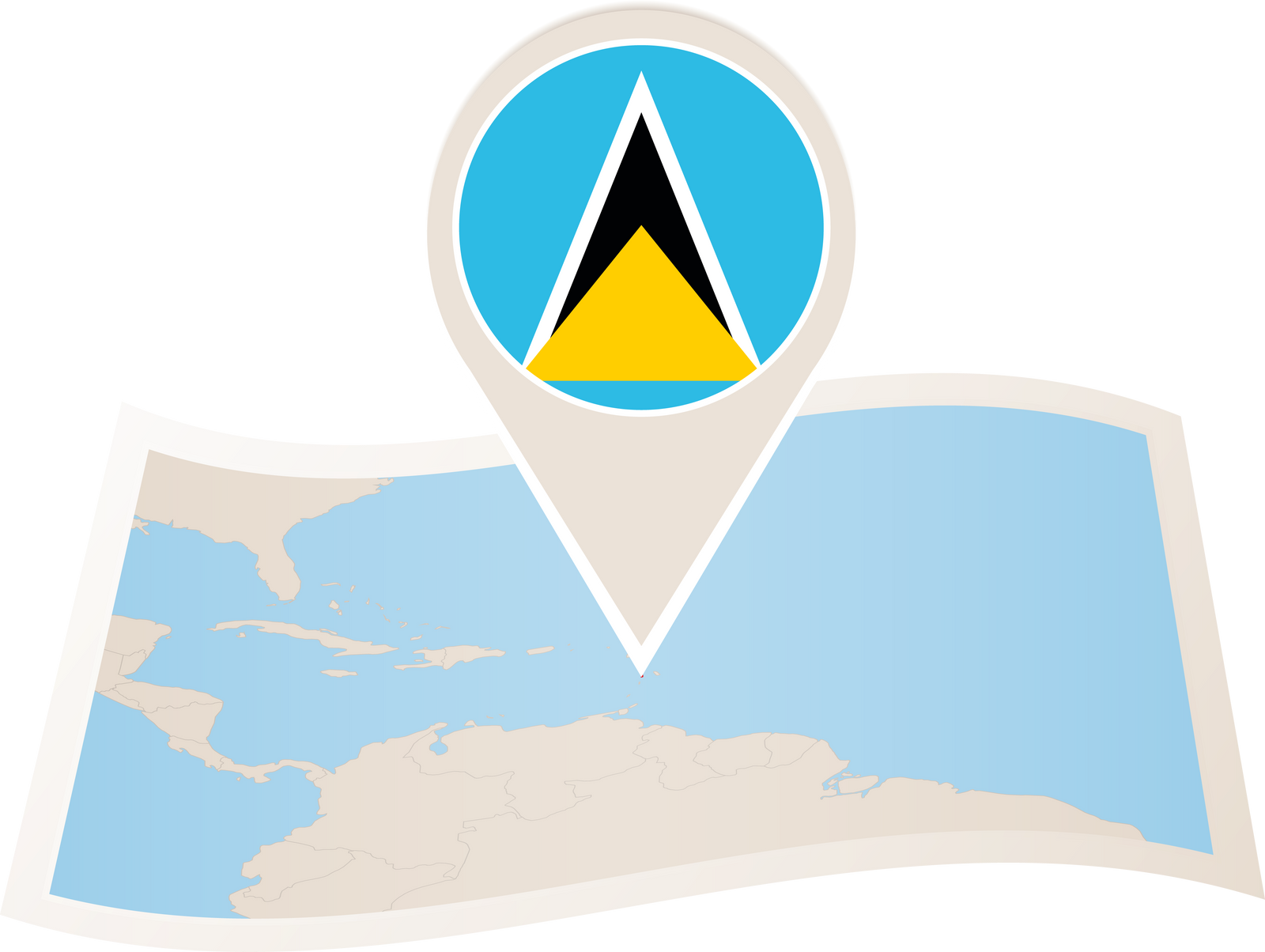 Folded paper map of Saint Lucia with flag pin of Saint Lucia.