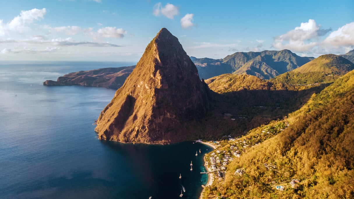 Saint Lucia Caribbean Island, huge Piton mountains at the beach of tropical Island of Saint Lucia